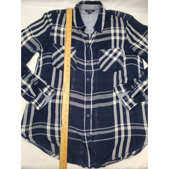 Lucky Brand Top Size M Plaid Boho Blue Viscose Button Up Womens Medium Shirt - Picture 10 of 12